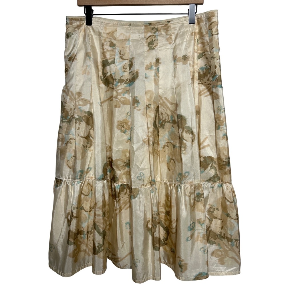 VTG Banana Republic 100% Silk Shell Floral Pleated Midi Skirt Beige Blue Size 10